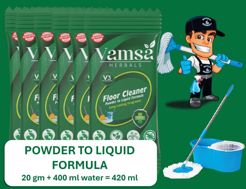 VAMSA HERBALS ORGANIC & NATURAL DISINFECTANT POWDER TO LIQUID FLOOR CLEANER GREEN | 2520 ML (420 Ml X 6 SACHETS) | ECO FRIENDLY | PLANT BASED & NATURAL | EASY TO MAKE | NON TOXIC | SKIN, BABY & PET SAFE