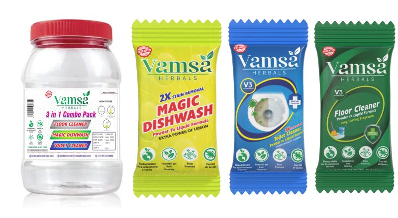 VAMSA HERBALS ORGANIC AND NATURAL COMBO OF 3 HOME CARE SACHETS AND 1 JAR | ORGANIC & NATURAL POWDER TO LIQUID DISHWASH | POWDER TO LIQUID TOILET BOWL CLEANER | POWDER TO LIQUID DISINFECTANT FLOOR CLEANER